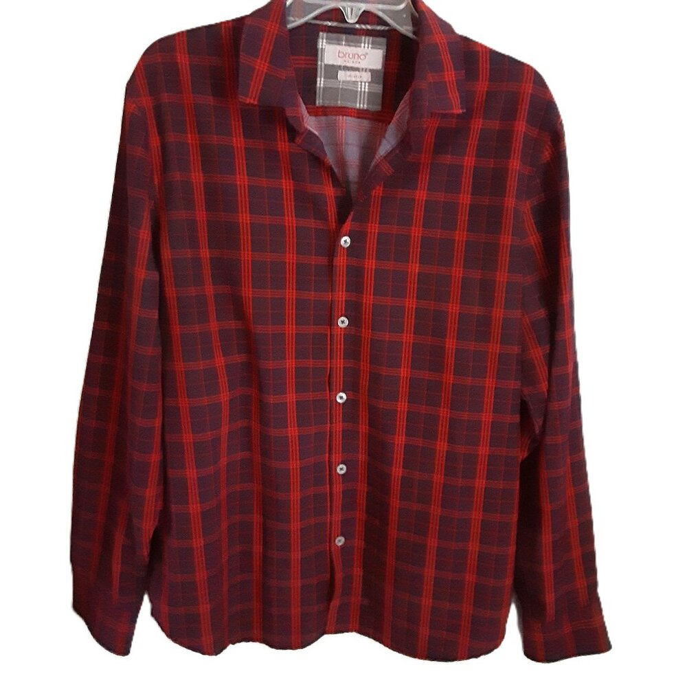 Bruno Milano Men's Stretch Top Size LARGE Button Up Blue/Red Long Sleeve Collar